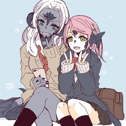  2girls au_ra bag black_horns black_scales black_skin black_tail blue_background blue_eyes blush cellphone cirina_mol colored_skin commentary_request crossed_legs double_v dragon_girl dragon_horns dragon_tail final_fantasy final_fantasy_xiv green_eyes horns jewelry lili_mdoki long_hair looking_at_viewer multiple_girls open_mouth phone pink_hair ring sadu_dotharl scales school_uniform short_hair sitting smartphone smile tail v white_hair 