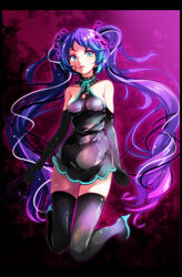  aqua_ribbon ass_visible_through_thighs black_dress black_footwear black_gloves blood blood_on_face blue_eyes blue_hair boots breasts choker commentary dress elbow_gloves female full_body ghost_rule_(vocaloid) gloves gradient_hair hatsune_miku highres long_hair looking_at_viewer medium_breasts microdress multicolored_hair neck_ribbon open_mouth photoshop_(medium) project_diva_(series) purple_hair ribbon short_dress sideboob sleeveless sleeveless_dress solo thigh_boots thighhighs tsukishiro_saika twintails very_long_hair vocaloid zettai_ryouiki 