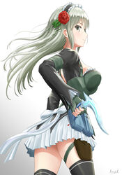  absurdres black_thighhighs breasts closed_mouth commentary_request female fingerless_gloves floating_hair gloves green_gloves grey_eyes grey_hair highres holster kayama_kouji long_hair mahou_shoujo_tokushusen_asuka miniskirt ootorii_asuka pleated_skirt rapture_asuka sideboob signature skirt solo standing thigh_holster thighhighs very_long_hair white_background white_skirt zettai_ryouiki 