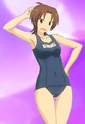  2015 absurdres annoyed armpits artist_request ass_visible_through_thighs bare_arms bare_legs blue_swimsuit brown_hair covered_navel dutch_angle female female hair_between_eyes hand_on_hip highres iizuka_yuzu legs mound_of_venus name_tag official_art one-piece_swimsuit open_mouth sakura_swim_club sakura_trick scan school_swimsuit short_hair solo swimsuit thigh_gap 