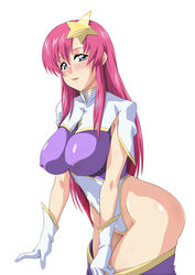  blue_eyes blush breasts commentary_request covered_nipples female gloves groin gundam gundam_seed gundam_seed_destiny hair_between_eyes hair_ornament highleg highleg_leotard impossible_clothes impossible_leotard large_breasts leotard long_hair looking_at_viewer meer_campbell minpei_ichigo parted_lips pink_hair purple_leotard shiny_skin simple_background solo standing star_(symbol) star_hair_ornament sweat thighs thong_leotard tongue tongue_out white_background white_gloves white_leotard 