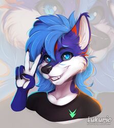  2019 5_fingers absurd_res anthro black_nose blue_eyes canid canine digital_media_(artwork) fingers fur gesture grey_sclera hand_gesture hi_res looking_at_viewer lukurio male mammal smile solo v_sign white_body white_fur 