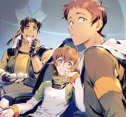  2boys bad_id bad_twitter_id blue_eyes bomssp bread brown_eyes brown_hair dark-skinned_male dark_skin eating female food glasses high_collar highres hood hoodie hunk_(voltron) lance_(voltron) looking_at_viewer multiple_boys pidge_gunderson reverse_trap short_hair sitting voltron:_legendary_defender voltron_(series) 