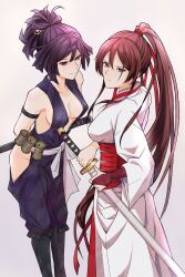  2girls absurdres breasts cleavage highres holding holding_sword holding_weapon japanese_clothes jigokuraku kimono looking_at_viewer multiple_girls ninja no_bra ponytail purple_hair purple_kimono sachihiro sash scabbard sheath sword weapon white_background white_kimono white_sash yamada_asaemon_sagiri yuzuriha_(jigokuraku) 