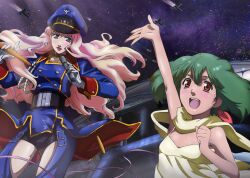  2girls :d arm_up blonde_hair blue_eyes detexted earrings green_hair hat highres jewelry long_hair macross macross_frontier microphone multiple_girls official_art ootsuka_yae open_mouth outstretched_hand photoshop_(medium) ranka_lee red_eyes scan sheryl_nome short_hair single_earring smile sweat third-party_edit whip 