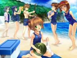  barefoot beach blanket blue_hair blue_sky brown_eyes brown_hair card_captor_sakura cloud clouds cooler cove daidouji_tomoyo feet flat_chest food forest fruit green_eyes highres kinomoto_sakura li_syaoran li_xiaolang lolicon mihara_chiharu moonknives mutsuki_(moonknives) nature ocean one-piece_swimsuit sasaki_rika school_swimsuit sky swimsuit toes watermelon yanagisawa_naoko 