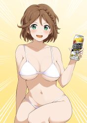  barkhorn0331 beer_can bikini blush braid breasts brown_hair can cinderella_series collarbone drink_can emphasis_lines feet_out_of_frame female green_eyes hachigatsu_no_cinderella_nine hand_up highres holding holding_can kakehashi_momoko looking_at_viewer navel open_mouth short_hair side_braid single_braid sitting solo string_bikini strong_zero swimsuit v-shaped_eyebrows white_bikini yellow_background 