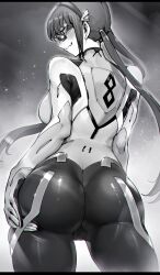  absurdres ass ass_focus blush breasts cameltoe cowboy_shot evangelion:_2.0_you_can_(not)_advance evangelion:_3.0_you_can_(not)_redo female from_below glasses highres long_hair makinami_mari_illustrious mecha_pilot_suit medium_breasts monochrome neon_genesis_evangelion niwarhythm plugsuit rebuild_of_evangelion skinsuit solo thick_thighs thighs twintails upper_body 