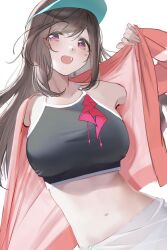  black_sports_bra blush breasts brown_hair collarbone female highres idolmaster idolmaster_shiny_colors jacket large_breasts navel open_clothes open_jacket red_eyes red_jacket seseri_aoba simple_background smile solo sports_bra stomach tsukioka_kogane visor_cap white_background 