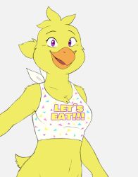  anthro avian beak bird breasts chica_(fnaf) chicken clothing digital_media_(artwork) feathers female five_nights_at_freddy&#039;s galliform gallus_(genus) hi_res ijpalette-color phasianid scottgames solo yellow_body yellow_feathers 