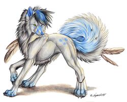 ambiguous_gender canid canine digitigrade feathers feral heterochromia invalid_color looking_at_viewer lyanti mammal markings quadruped solo tail