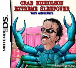 aeryn_skirrow arthropod black_hair blue_body cover cover_art crab crab_nicholson crab_nicholson_extreme_sleepover crustacean decapoda ds_logo english_text eyewear feral giant_enemy_crab glasses hair humanoid_face humor jack_nicholson logo low_res malacostracan male marine meme nintendo nintendo_ds nintendo_ds_family open_mouth short_hair solo standing sunglasses text video_game_cover what what_has_science_done why