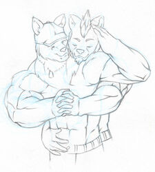 anthro black_and_white canid canine canis closed_eyes duo grin male male/male mammal monochrome muscular sketch smile standing tkc2021 wolf