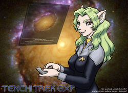 2003 anthro breasts clothing communicator crossover domestic_cat dr_comet elma_(tenchi_muyo) felid feline felis female green_hair hair hi_res mammal solo space star_trek star_trek_the_next_generation tenchi_muyo tricorder uniform yellow_eyes