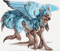 ambiguous_gender canid canine digitigrade feathered_wings feathers feral invalid_color looking_at_viewer lyanti mammal markings quadruped solo tail tribal wings