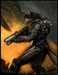 2008 anthro armor army biped canid canine canis digital_media_(artwork) digital_painting_(artwork) eyewear futuristic_armor goggles grin gun holding_gun holding_object holding_ranged_weapon holding_weapon jet_pack machine male mammal metal_wall morriperkele portrait power_armor ranged_weapon rifle science_fiction shaded side_view smile solo standing tail three-quarter_portrait war weapon wolf