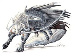 canid canine feathered_wings feathers feral final_fantasy final_fantasy_vii fluffy fluffy_tail long_tail looking_at_viewer lyanti male mammal melee_weapon object_in_mouth sephiroth_(final_fantasy_vii) solo square_enix sword sword_in_mouth tail weapon wings