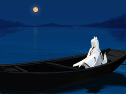 4:3 animal_humanoid asian_clothing boat canid canid_humanoid canine canine_humanoid clothing detailed_background east_asian_clothing female fox fox_humanoid hair humanoid japanese_clothing lake mammal mammal_humanoid miko_(disambiguation) moon nature night outside scenery sky solo souldeep vehicle wafuku wallpaper water watercraft white_hair