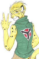 anthro blonde_hair cheetah clothing felid feline gesture hair half-length_portrait hand_gesture helghast jacket killzone male mammal marker_(artwork) portrait skinny slim solo sony_corporation sony_interactive_entertainment syphon tail topwear traditional_media_(artwork) unknown_artist v_sign yellow_eyes