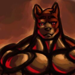 1:1 anthro bust_portrait canid canine canis domestic_dog front_view grin male mammal muscular muscular_anthro muscular_male portrait red_eyes smile solo tkc2021