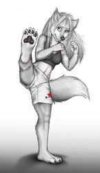 4_toes abs action_pose anakuro anthro athletic athletic_anthro athletic_female athletic_wear barefoot black_pawpads blue_eyes bottomwear bra breasts canid canine claws clothing digital_media_(artwork) feet female fox graphite_(artwork) hindpaw kick kickboxing looking_at_viewer mammal martial_arts midriff mixed_media pawpads paws pencil_(artwork) plantigrade pose shorts simple_background smile soles solo sports_bra tail toes traditional_media_(artwork) underwear