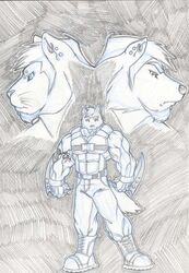 anthro biped canid canine canis cougar ear_piercing eyebrow_piercing facial_piercing felid feline grin hi_res lip_piercing male mammal muscular muscular_anthro muscular_male piercing sketch smile solo standing tail tkc2021 wolf