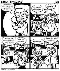 black_and_white bulbasaur clothing coat comic dialogue digital_drawing_(artwork) digital_media_(artwork) english_text eyewear female generation_1_pokemon glasses group human lab_coat leaf_(pokemon) male mammal monochrome nintendo not_furry pokemon pokemon_(species) pokemon_professor professor_oak scott_ramsoomair super_effective_(comic) tentacle text topwear url vg_cats