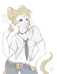 anthro biped clothed clothing danni fareme female goldenfox mammal man&#039;s_shirt murid murine necktie open_clothing open_shirt open_topwear rainbow_colors rat rodent shirt smoking solo standing stated_homosexuality stated_sexuality tail topwear