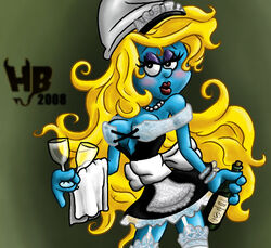 blonde_hair blue_body blue_skin clothing eyelashes female grandfathered_content hair hat headgear headwear hentai_boy_(artist) humanoid maid_uniform not_furry phrygian_cap smurf smurfette solo the_smurfs uniform