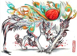 amaterasu_(okami) black_nose canid canine canis capcom clover_studio deity female feral fur invalid_color mammal markings okami_(capcom) open_mouth pearleden quadruped shiranui_(okami) snarling solo tail white_body white_fur wolf