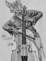 anthro bow_(stringed_instrument) bowed_string_instrument canid canine canis cello clothed clothing collar daelyhelaxon domestic_dog fully_clothed greyscale hoodie male mammal monochrome music musical_instrument playing_music solo spots string_instrument topwear