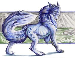 ambiguous_gender blue_body blue_eyes blue_fur canid canine claws digitigrade feral fur hair invalid_color looking_at_viewer lyanti male mammal markings nude paws quadruped solo tail