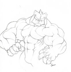 anthro bear big_muscles biped black_and_white claws closed_eyes huge_muscles hyper hyper_muscles male mammal monochrome muscular muscular_anthro muscular_male nude sketch solo standing tkc2021