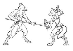 absurd_res anthro asheru asheru_(setting) belt bikini black_and_white bottomwear canid canine canis clothing dagger digitigrade duo female furgonomics hi_res holding_object holding_weapon inks jewelry loincloth lucius_(asheru) male mammal melee_weapon monochrome necklace pendant polearm practice practice_sword scabbard scott_ruggels simple_background snarling spear swimwear tail tail_clothing training warrior weapon white_background wolf wooden_sword wraps