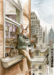 2009 4_toes 5_fingers anthro biped book brown_body brown_fur building camera city cityscape clothed clothing container cup day detailed_background feet fingers flir_(rabbit) fur high_place holding_camera holding_object lagomorph leporid looking_outside male mammal negy on_wall outside painting_(artwork) perspective photo photographer rabbit scarf sitting solo toes traditional_media_(artwork) unsafe watercolor_(artwork) window window_seat