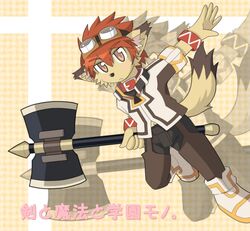 anthro axe blush bracelet brown_body brown_fur brown_hair class_of_heroes collar dipstick_tail dwarf_(coh) eyewear fur goggles hair jewelry male markings melee_weapon mohukemo navel red_hair solo tail tail_markings totomono weapon