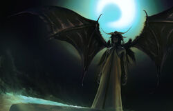 14:9 arrancar backlighting biped black_body black_fur black_hair bleach_(series) claws clothing dark_theme demon desert detailed_background espada fur hair hi_res hollow_(bleach) horn hueco_mundo humanoid light lighting male membrane_(anatomy) membranous_wings moon night realistic sand sky solo toga ulquiorra_cifer wen_jr wind wings