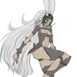 1:1 animal_humanoid armor ass breasts cleavage clothed clothing female final_fantasy final_fantasy_xii flat_colors fran_(final_fantasy) grey_hair hair headgear helmet humanoid lagomorph lagomorph_humanoid long_legs low_res mammal mammal_humanoid red_eyes skimpy solo square_enix unknown_artist viera