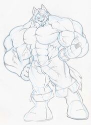 anthro big_muscles biped black_and_white canid canine canis grin huge_muscles hyper hyper_muscles looking_at_viewer male mammal monochrome muscular muscular_anthro muscular_male sketch smile solo standing tail tkc2021 wolf