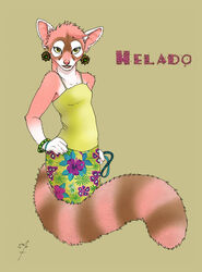 anthro bassariscus bottomwear cacomistle clothing ear_piercing female fur helado mammal nephilia piercing pink_body pink_fur print procyonid seraph skirt solo tail yellow_eyes