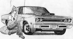 angie_(disambiguation) anthro canid canine canis car dodge_(brand) female greyscale hi_res mammal monochrome mopar muscle_car scan smoking solo tail vehicle wolf wred