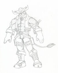 anthro biped bovid bovine cattle grin hooves horn looking_at_viewer male mammal marshal_moo_montana monochrome muscular muscular_anthro muscular_male sketch smile solo standing tail tkc2021 wild_west_c.o.w.-boys_of_moo_mesa