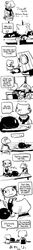 2001 absurd_res ame_(daisuke_amaya) amphibian anthro bandage black_and_white comic cooking daisuke_amaya dialogue digital_drawing_(artwork) digital_media_(artwork) domestic_cat duo eight_frame_image english_text felid feline felis female frog hi_res long_image male mammal monochrome tadpole tall_image text