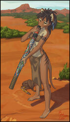 2009 aboriginal arm_markings australia bandeau barefoot black_hair boomerang bottomwear bradydalton clothed clothing crotch_apron dasyuromorph didgeridoo dreadlocks ear_piercing extinct feet female hair humanoid_feet kateena_taworii loincloth mammal markings marsupial moldred music musical_instrument native orange_eyes outback outside patterns piercing plantigrade playing_music recently_extinct_species sky solo space_furries_(comic) tail tattoo thylacine topwear tribal tribal_tattoo wind_instrument