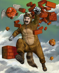 brick clothing cosplay costume fist fursuit goomba grandfathered_content group human jumping male mammal mario mario_bros mario_calimocho nicolae_guta nintendo not_furry not_furry_wearing_fursuit paragoomba power-up raised_arm raised_fist realistic smash_(disambiguation) tail tanuki_costume tanuki_mario uncanny_resemblance unknown_artist waddling_head what