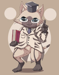 4_toes barefoot book clothing coat domestic_cat eyewear feet felid feline felis fur gesture glasses hand_gesture hat headgear headwear inner_ear_fluff ki_haru male mammal necktie pointing professor solo toes topwear tuft whiskers