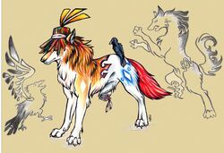 ambiguous_gender avian beak bird canid canine clothing duo feral hat headgear headwear mammal markings pearleden quadruped stumpy tail traditional_media_(artwork)