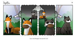 2009 :3 ambiguous_gender base_one_layout canid canine comic distracting_watermark duo emily_chan feral food four_frame_image fox mammal meat mindfuck one_row_layout procyonid raccoon recursion sitting stupidfox symmetry tail thinking thought_bubble watermark