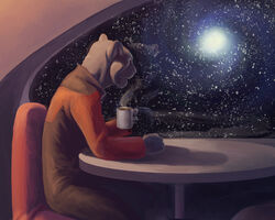 2007 alien anthro beverage biped caitian chair clothed clothing coffee coffee_mug container cup detailed_background felid food fully_clothed fur furniture grey_body grey_fur hibbary holding_container holding_cup holding_object inside male mammal portrait reflection side_view sitting solo space spacescape star star_trek star_trek_the_next_generation steam table three-quarter_portrait uniform window