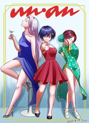  3girls absurdres artist_name black_footwear blue_background blue_dress blue_hair breasts brown_hair bun_cover china_dress chinese_clothes closed_mouth cocktail_dress cocktail_glass collarbone cover crossed_legs cup dark_blue_hair dated double_bun dress drinking_glass earrings fake_magazine_cover finger_gun green_footwear grey_footwear grey_hair hair_bun hair_ornament hairclip high_heels highres izumo_fuuko jewelry juiz_(undead_unluck) large_breasts looking_at_viewer magazine_cover mui_(undead_unluck) multiple_girls necklace one_eye_closed pointing pointing_at_viewer profile red_dress red_eyes sitting smile squinting standing tono0185 undead_unluck yellow_eyes 